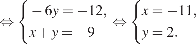  рав­но­силь­но си­сте­ма вы­ра­же­ний минус 6y = минус 12, x плюс y = минус 9 конец си­сте­мы . рав­но­силь­но си­сте­ма вы­ра­же­ний x = минус 11, y = 2. конец си­сте­мы . 